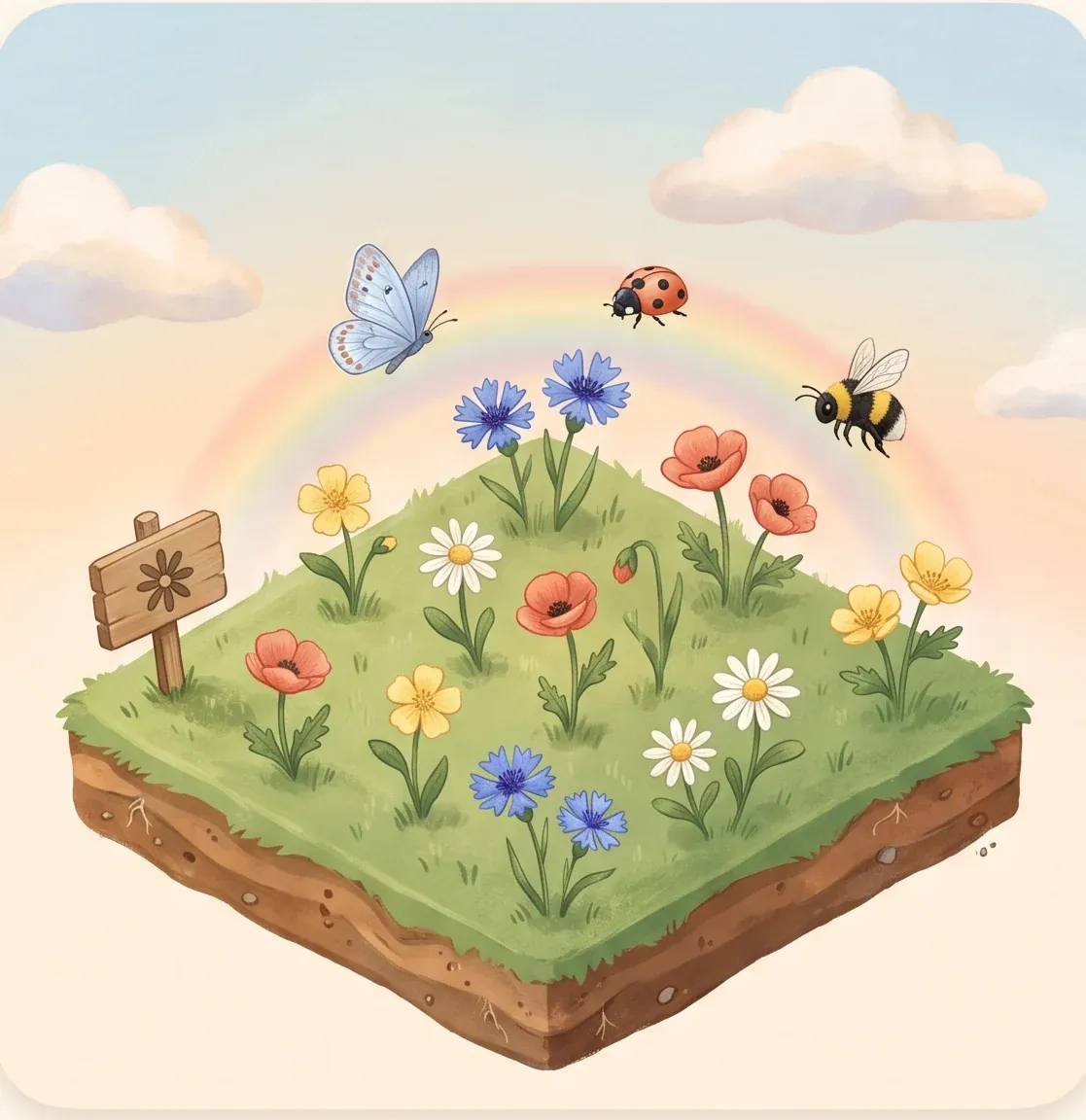 An isometric illustrated wildflower meadow with poppies, cornflowers and daisies, visited by a butterfly, a ladybird and a bumblebee
