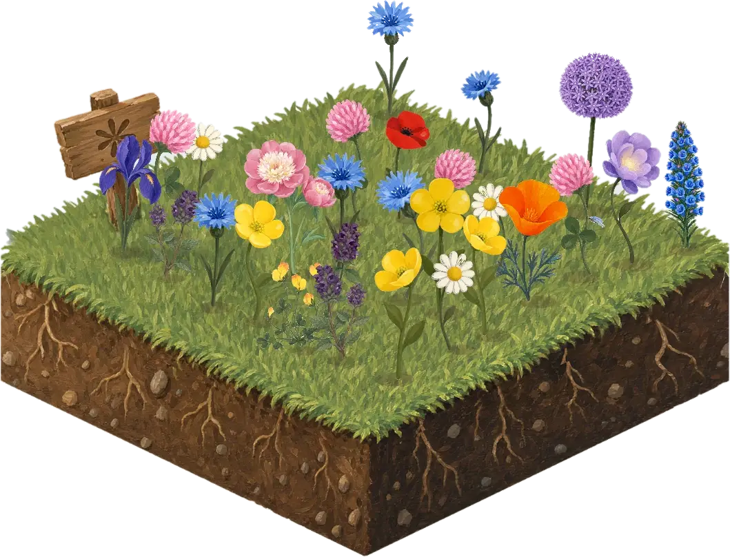 A first meadow from the app, lifted off the page: cornflowers, poppies, clover, buttercups, daisies, an iris and an allium, all in full bloom beside a wooden signpost