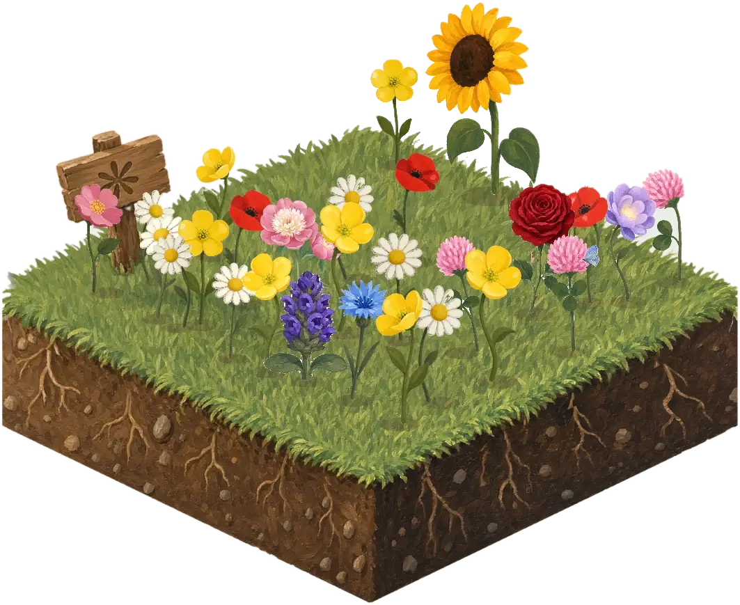 A painted meadow from the app: a square of grass and soil full of wildflowers, with a sunflower and a wooden signpost