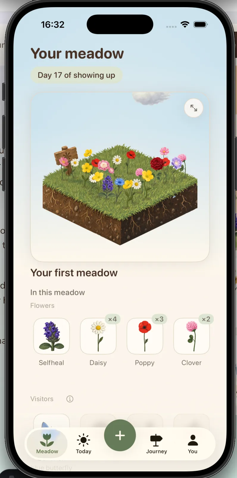 Your meadow and its collection of wildflowers in the Meadow app.