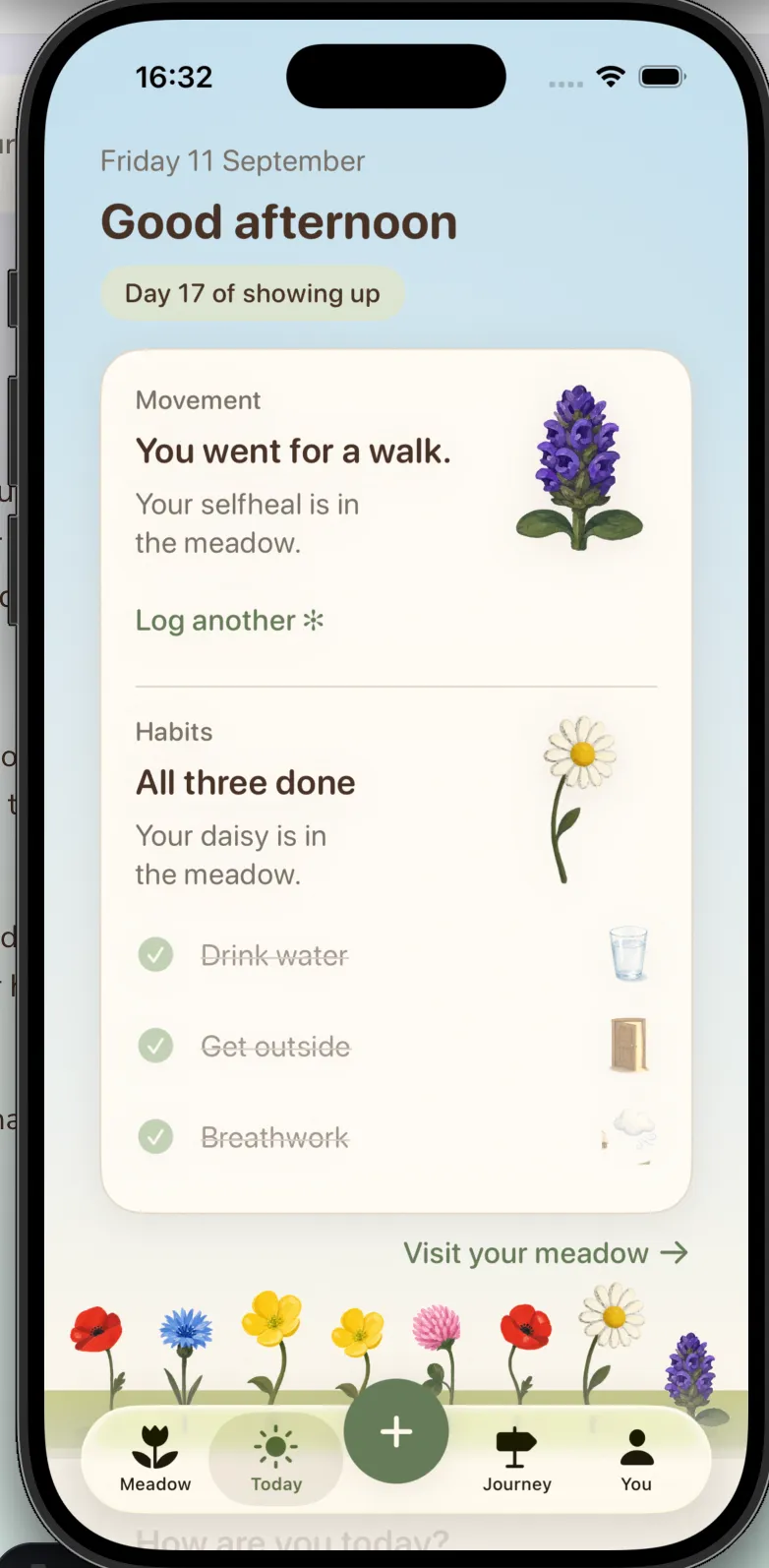 Meadow's Today screen, with a walk logged and three habits completed.