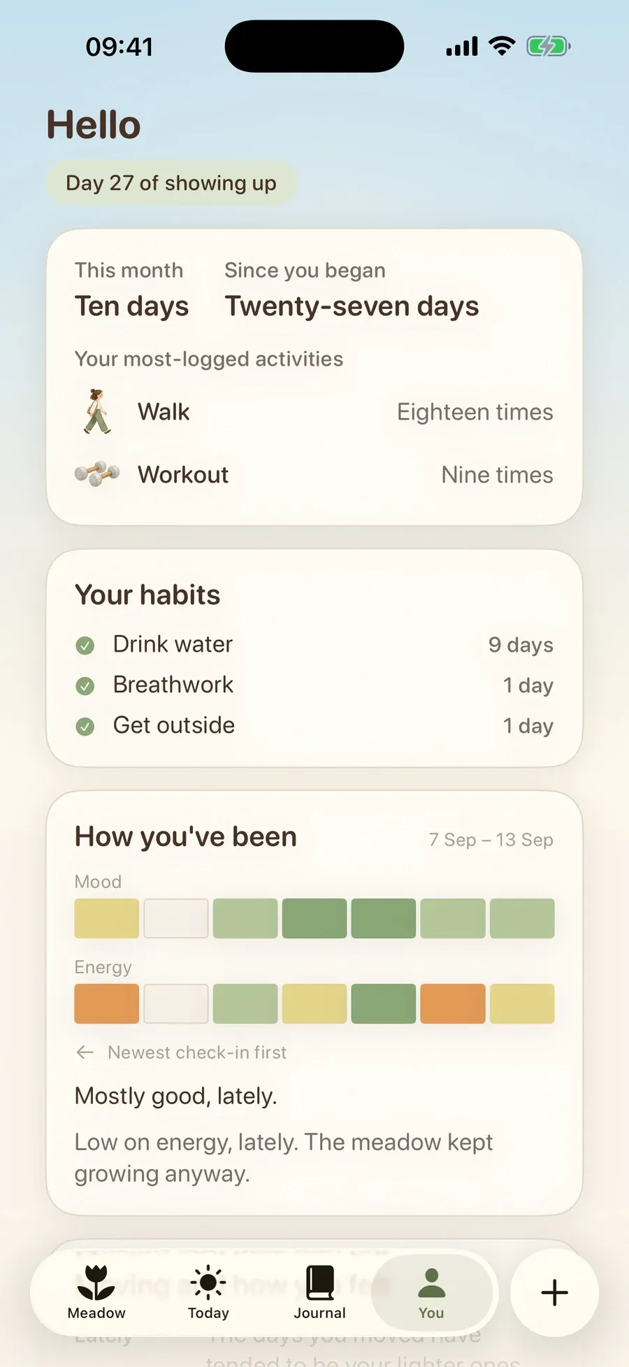 The You tab in Meadow, Day 27 of showing up: ten days this month and twenty-seven days since you began, written as words, with the habits and activities logged most