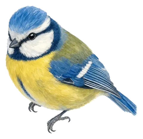A painted songbird, round and yellow-breasted with a blue cap